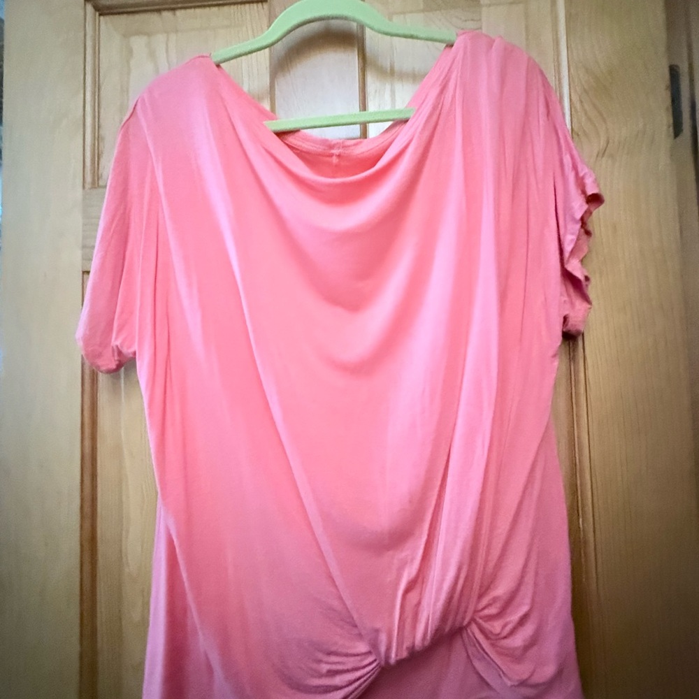 Coral Pink Draped Twist-Front Top | XL | Soft Knit Short Sleeve Blouse